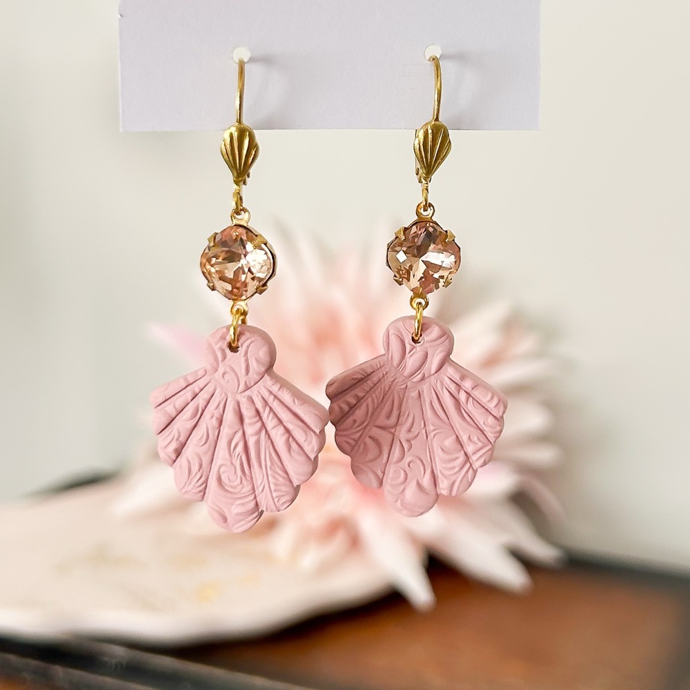 New handmade Filligree Clay Pink and Gold Drop Earrings, polymer clay rhinestone
